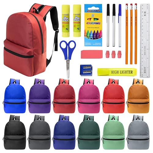 12 Pack 17" Bulk Backpacks with 22 Piece School Supplies Kits, 12 Colors - color: 12 Colors Asst, size: 22 Piece SS Kit