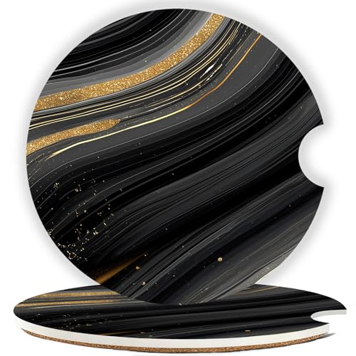 Ceramic Car Cup Holder Coasters Set of 2, 2.56 in Black Marble - color: Black Marble