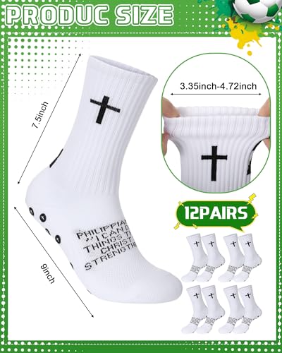 Chicingyou 12 Pairs Cross Grip Soccer Socks, Philippians 4:13 Bible Verse Christian Anti Slip Football Socks for Men Women - color: White