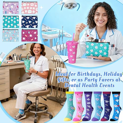 Funnymoom 24 Pcs Back to School Dental Assistant Gifts Set 24 oz Teeth Plastic Tumbler Cup with Lid Straw Tooth Cosmetic Bag Novelty Teeth Sock Tooth Keychain Dentist Hygienist Accessories for Women - style: Dental Hygiene