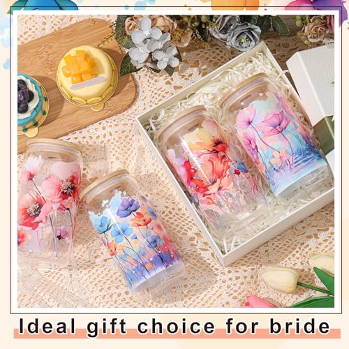 Mumufy 4 Pack Watercolor Flower Glass Cup, 16oz Tumbler Mug with Bamboo Lid - style: Watercolor Flower