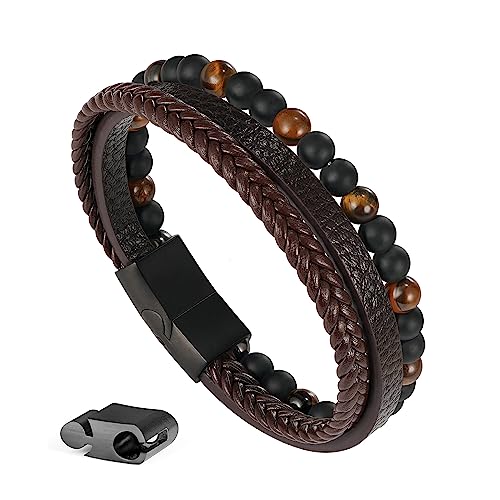 Beaded Leather Bracelets - Gifts for Men, 6mm Tiger Eye Lava Rock Stone Beads Braided Leather Bracelet Handmade Mens Bracelet With Adjustable Magnetic Clasp - color: Brown-6