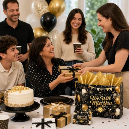 Farewell Gift Bag with Tissue Paper and Card, Black Gold Large Bag