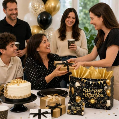Farewell Gift Bag with Tissue Paper and Card, Black Gold Large Bag