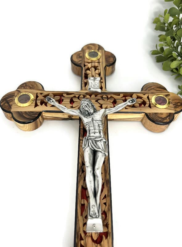 iHoly Land Crafts Mother of Pearl Olive Wood Crucifix Wall Cross, 15" x 10" - size: 15"L x 10"W
