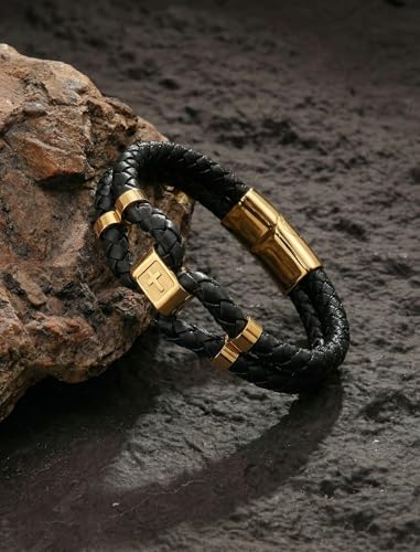 Mens Leather Cross Bracelet Multilayer Braided Wristband Bangle Bracelets with Stainless Steel Buckle Religious Gift for Men Brown/Black/Blue–8.3 inch - color: Style4, size: 8.3in(Fits most wrists)
