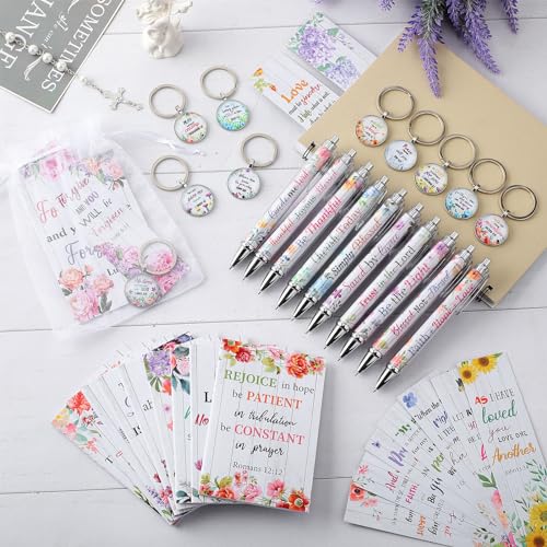 Jetec 150 Bible Verses Gift Set for 30 Christian Bookmarks 30 Scripture Ballpoint Pens 30 Christian Notebooks 30 Bible Verse Keychain 30 White Organza Bags for Women Men Office Church(Artsy) - style: Artsy