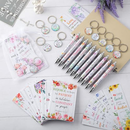 Jetec 150 Bible Verses Gift Set for 30 Christian Bookmarks 30 Scripture Ballpoint Pens 30 Christian Notebooks 30 Bible Verse Keychain 30 White Organza Bags for Women Men Office Church(Artsy) - style: Artsy