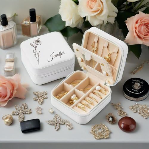 Ships Next Day, Personalized Travel Jewelry Mirror Case with Name Birth Flower, Bridesmaid Proposal Gifts Box Custom Birthday Gifts for Women, Christmas Customized Gifts for Teenage Girls - color: Birth and Flower Box-White