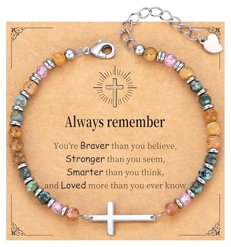 Cross Bracelet for Women, Christian Gifts for Women 2026 Stocking Stuffers for Teens Her Bead Bracelet Adjustable Gemstone Faith Religious Confirmation Communion Bracelet for Best Friend Mom Faith Birthday Anniversary Jewelry - color: Green Turquoise-You