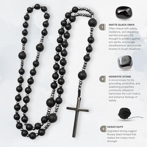 Nazareth Store Jasper Rosary Necklace – Catholic Handmade Rosary with Stone Beads, Hematite Spacers, and Black Alloy Cross – Durable Prayer Beads for Men and Women - color: Black onyx