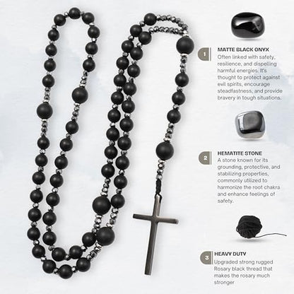 Nazareth Store Jasper Rosary Necklace – Catholic Handmade Rosary with Stone Beads, Hematite Spacers, and Black Alloy Cross – Durable Prayer Beads for Men and Women - color: Black onyx