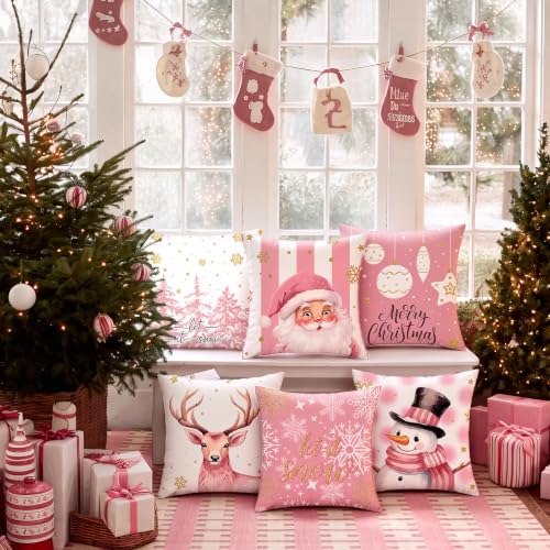FuWeave 6 Set Christmas Pillow Covers 18 x 18 Inch Pink Pillow Case - style: Pink Christmas