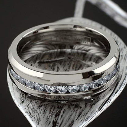 KING'S CROSS Personalized Engraved Dazzling 7mm Ultra-Light Brilliant Polished Titanium Cubic Zirconia (CZ) Eternity Band Ring with Beveled Edges.