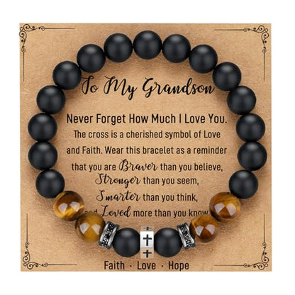 TONY & SANDY Christian Gift for Him Kids Teen Boys Adults Men Cross Bracelet Son Grandson Birthday Graduation Easter Religious Gifts for Men Christmas - style: Grandson ( 7.5 Inches )