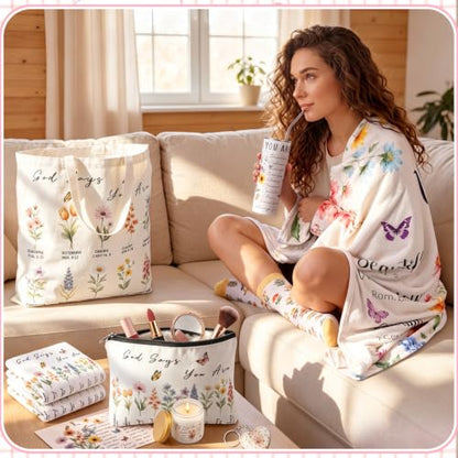 10 Pcs Christian Gifts for Women, Inspirational Religious Care Package for Mom Friend Sister, Lavender Spa Gift Basket with Bible Verse Blanket Tumbler Tote Bag, Get Well Birthday Box - style: Christian Floral