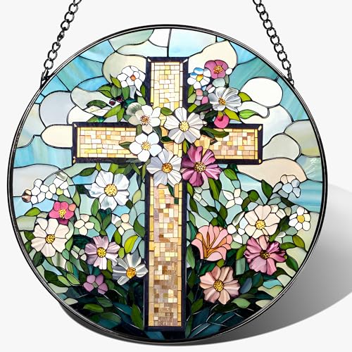 8'' Christian Stained Glass Suncatcher Ornament, Cross Window Hanging, Window Decor, Jesus Home Decor, Gifts for Christmas, Easter Faith Cross Gifts, Religious Gift, Christian Gift - color: Cross-c