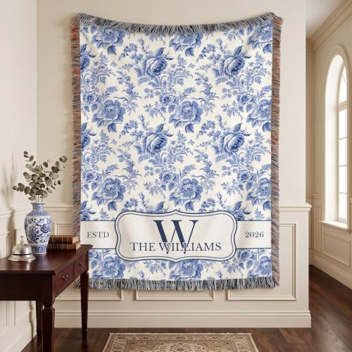 Chillever Personalized Monogram Woven Blanket with Last Name, Custom Floral Throw Blankets for Couch Bed, Cotton Anniversary Wedding Gift for Couple, New Home Housewarming Presents 2 - color: A5