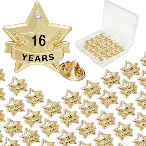 Years of Service Pins, Gold Star Pin for 1-30 Year Work Anniversary, Long Standing Employee Recognition Award Star Pins for Staff, Team & Volunteers - style: 16 Years
