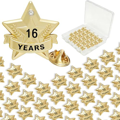 Years of Service Pins, Gold Star Pin for 1-30 Year Work Anniversary, Long Standing Employee Recognition Award Star Pins for Staff, Team & Volunteers - style: 16 Years