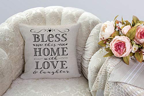 SSOIU Bless This Home with Love and Laughter Throw Pillow Case Quote Religious Sayings Pillow case Home Blessing Cushion Cover Cotton Linen 18 x 18 Inch - color: Ssp-015
