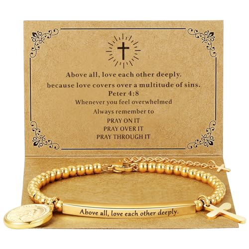 DS Women Christian Charm Bracelet,Cross Scripture Stainless Steel Jewelry - style: Above all, love each other deeply.-Peter 4:8-Gold