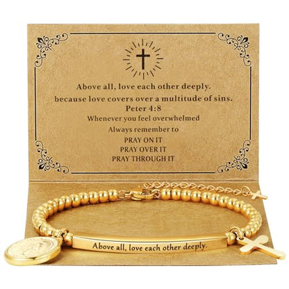 DS Women Christian Charm Bracelet,Cross Scripture Stainless Steel Jewelry - style: Above all, love each other deeply.-Peter 4:8-Gold