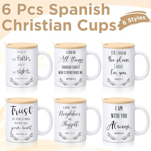 Maxdot 6 Sets Christian Gifts for Women Men Christian Mugs Bulk 12oz Coffee Mug with Lid Handle Spoon Religious Inspirational Scripture Ceramic Cup for Sunday School Vbs Grandparents(English) - style: English
