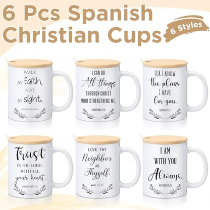 Maxdot 6 Sets Christian Gifts for Women Men Christian Mugs Bulk 12oz Coffee Mug with Lid Handle Spoon Religious Inspirational Scripture Ceramic Cup for Sunday School Vbs Grandparents(English) - style: English