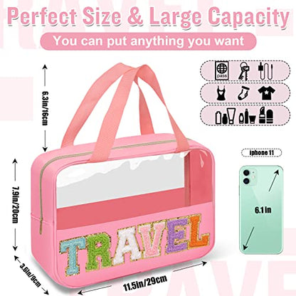 Preppy Clear Travel Makeup Bags with Chenille Letter Patches, Travel Essentials Large Clear Make up Bag Zipper Pouch with Handle, Waterproof Nylon Cosmetic Toiletry Storage Tote for Women(TRAVEL-Pink) - color: TRAVEL-Pink
