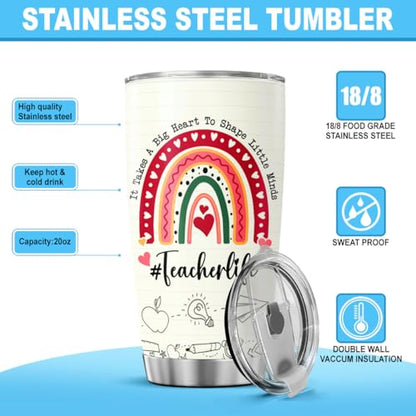 Teacher Appreciation Gift for Women, 20oz Stainless Steel Travel Mug with Rainbow Design and Funny Nutrition Facts, Back to School Thank You Tumbler for Daycare or Preschool - color: Teacher Life Y0
