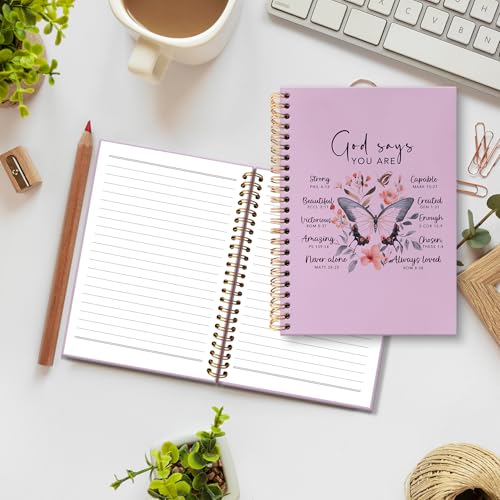 huester Christian Journal, Inspirational Christian Butterfly Church Notes Notebook Journal for Women, God Says You Are Bible Scripture Purple Journal Notebooks for Note Taking, Bible Journaling Hardcover Paper Spiral Notebook, 5.5x8.3 Inch - color: purple