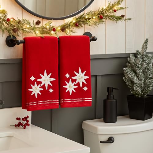 Serafina Home Christmas Bath Hand Towels, Stars with Sequins, Cotton, Red, 16" x 25", Set of 2 - color: Organza Stars