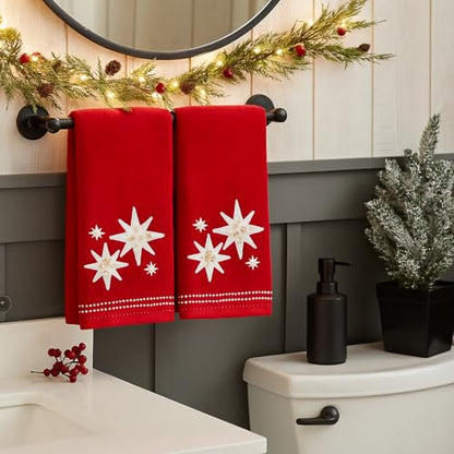 Serafina Home Christmas Bath Hand Towels, Stars with Sequins, Cotton, Red, 16" x 25", Set of 2 - color: Organza Stars