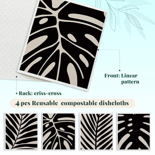 Swedish Dishcloths for Kitchen, Boho Botanical Floral Swedish DishCloths, Papaya Reusable Paper Towels Washable, 4 Pcs Dish Towels for Kitchen Party Home Housewarming Cleaning Cloths - color: Flower 10