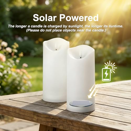 Solar Candles Outdoor Waterproof, Flameless LED Pillars Candles, Set of 2 - size: 3.25" × 8" (2-Pack)