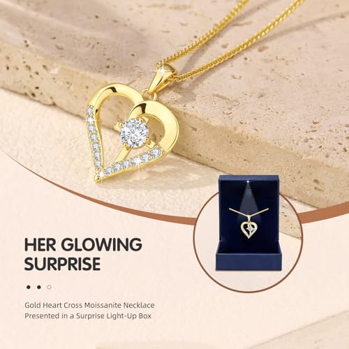 Moissanite Cross Necklace for Women in Light-Up Gift Box Heart Cross Jewelry 1CT Pendant for Women Gift Ideas for Wife Valentines Day Anniversary Birthday (S925 Sterling Silver/18K Real Gold Filled) - style: Gold without Card
