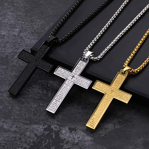 Mens Bible Verse Lords Prayer Cross Pendant Necklace Chain Men Women - color: Silver