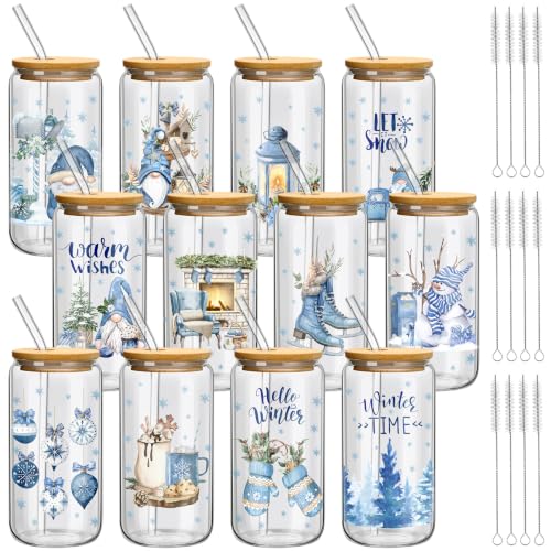 Teenyyou 12 Sets Christmas Glasses Cups with Bamboo Lid and Glass Straw, 16 oz Blue Winter Gnome Snowman Glass Jar Drinking Cups, Festive Elk Christmas Tree Coffee Cup for Xmas Holiday Party Gifts - style: Blue Stripes