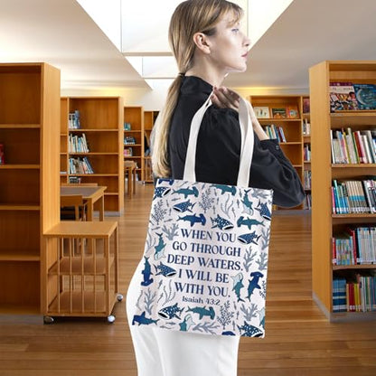 TSOTMO Whale Shark Gift When You Pass Through Deep Waters Inspirational Tote Bag Christian Ocean Beachy Gift for Women