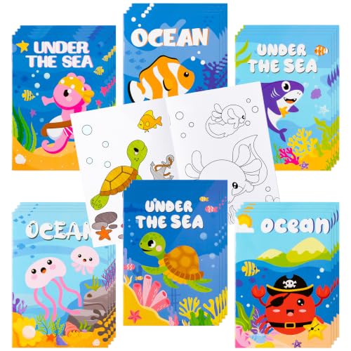 ANGOLIO 24Pcs Ocean Animals Coloring Books Bulk for Kids, Summer Gifts Mini DIY Art Drawing Books Set for Shark Seahorse Jellyfish Under the Sea Animal Theme Kindergarten School Classroom Party Favors - style: Ocean Animals