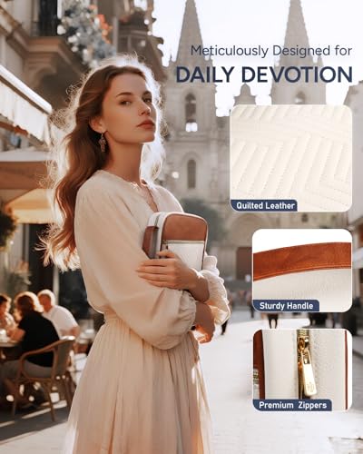 BellaHold Bible Cover Case for Women Quilted Bible Case with Handle Strap - color: White & Brown, size: XS/S