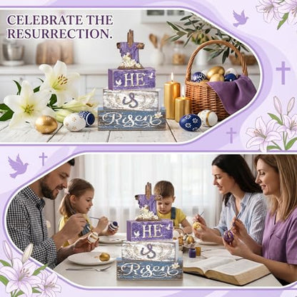 Britimes Tiered Tray Decor Set, 4 Pack, Wooden Table Sign, Easter Christian - style: He Is Risen Cross