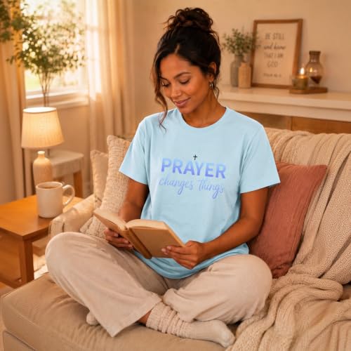 BeWithYou Christian Shirts for Women Religious Faith Jesus God Tshirts Inspirational Bible Verse Cross Graphic Tee Casual Top - color: Light Blue, size: Small