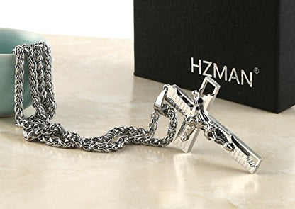 HZMAN Men's Stainless Steel Cross Crucifix Bible Prayer Pendant Necklace - color: Silver