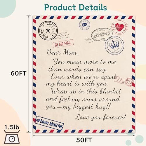 Birthday Gifts for Mum from Daughter Son,to My Mom Soft Throw Blanket, Custom Air Mail Love Letter Dear Mother Cozy Flannel Blanket Presents for Mom 50x60 Inches - color: Off-white(letter-english）