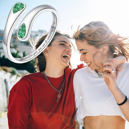 Jinlou Thumb Rings for Women - 925 Sterling Silver Birthstone Open Teardrop Encouragement Adjustable Ring Women Gifts for Teens Mom Birthday Mother's Day St Patricks Day - color: May, style: Beautiful you can do amazing things