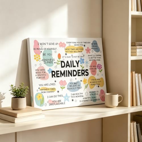 BAEMEFLE Daily Reminders Positive Affirmation Framed Canvas Wall Art, Uplifting Mental Health Motivational Quote Print, Encouragement Decor Gifts for Women, Home Office Classroom Dorm Bedroom Wall Decor 12x16 Inch (Daily Reminders, 16"L x 12"W, Framed) -
