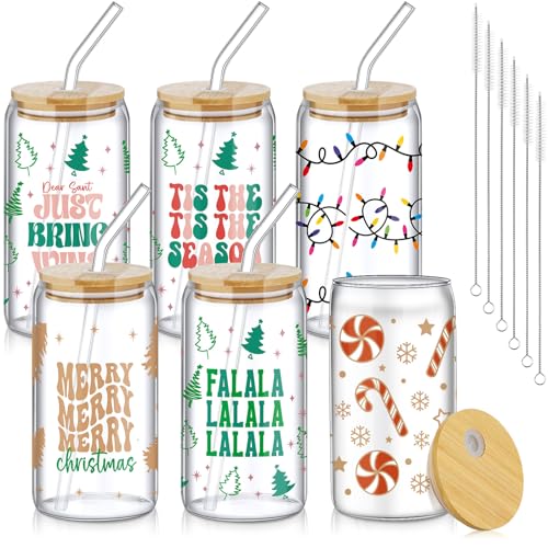 SiliFine 6 Pcs Christmas Glass Cups, 16 oz with Lids and Straws - style: Candy Cane