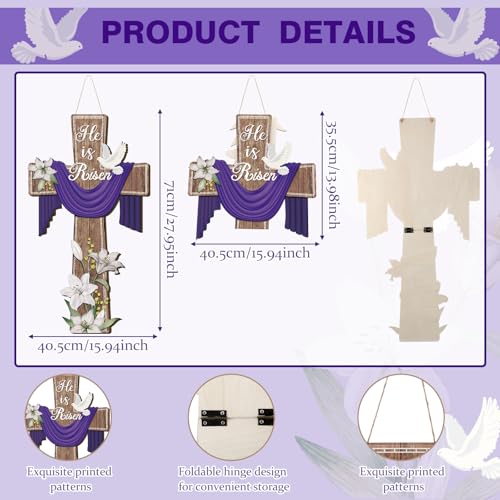 BBTO He Is Risen Easter Door Sign, 31.5 x 15.75 Inches Durable Wooden Religious Cross Hanging Decor Easter Wreaths for Front Door Christian Flowers Lent Hanging Hanger for Farmhouse Front Porch - size: 31.5 x 15.75 inches, style: Cross